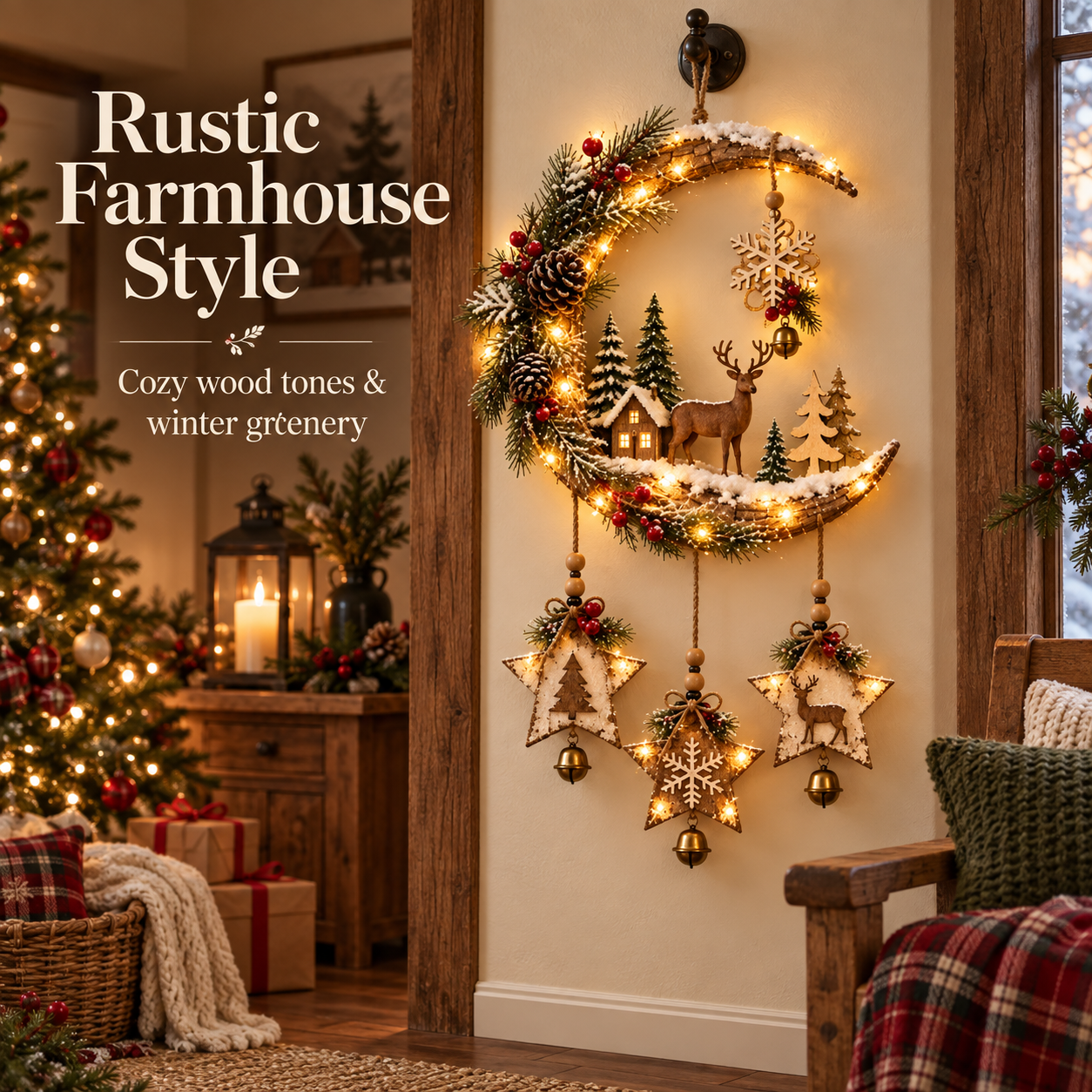 🌙🦌Lighted Rustic Christmas Crescent Moon Wall Decor