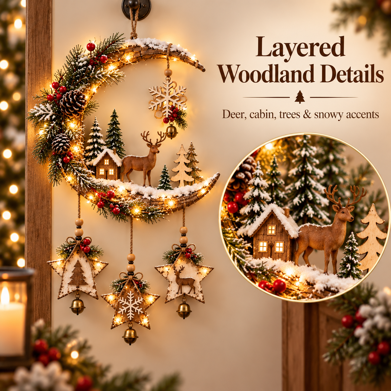 🌙🦌Lighted Rustic Christmas Crescent Moon Wall Decor