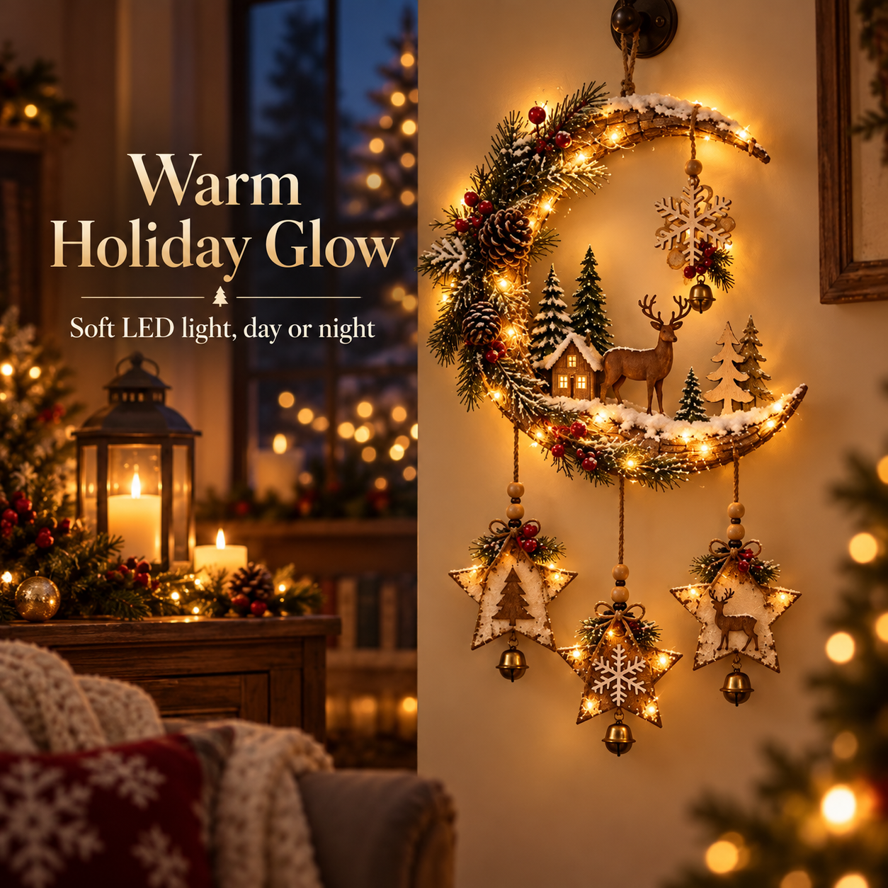 🌙🦌Lighted Rustic Christmas Crescent Moon Wall Decor