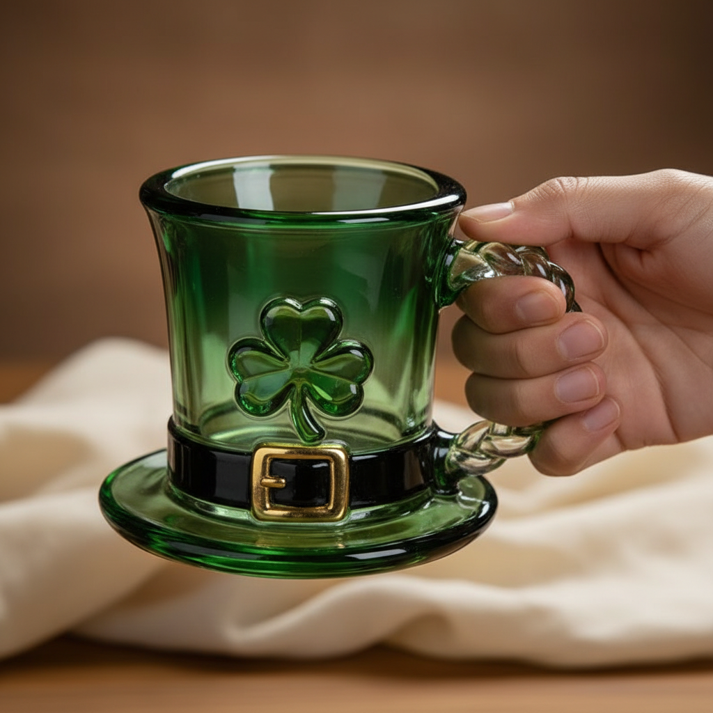 Lucky Shamrock Leprechaun Hat Glass Mug - 11oz Emerald Green Coffee Cup