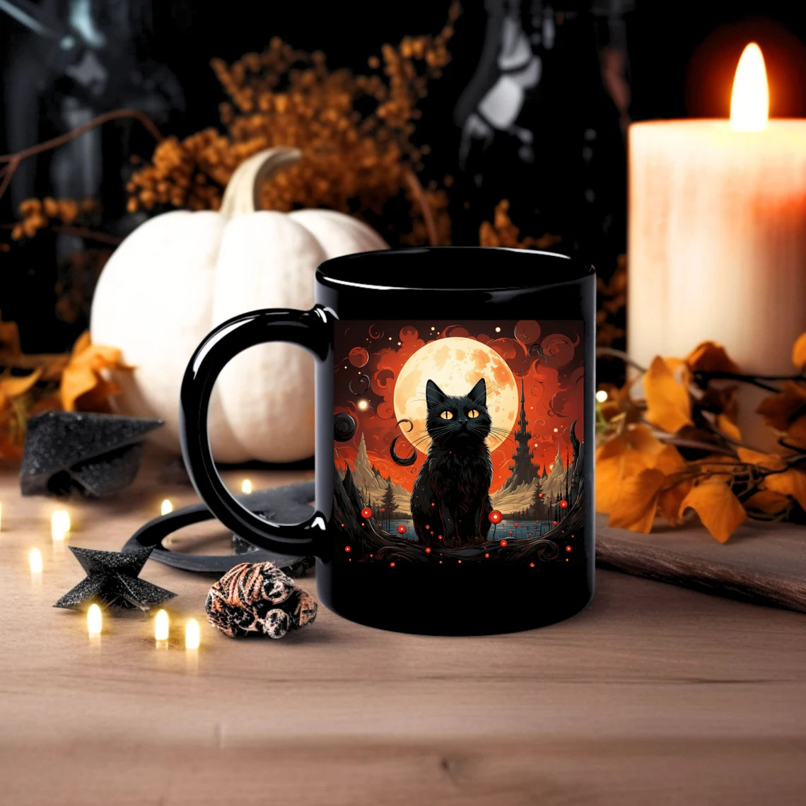 🌙 Halloween Midnight Mystery Black Cat Mug🖤