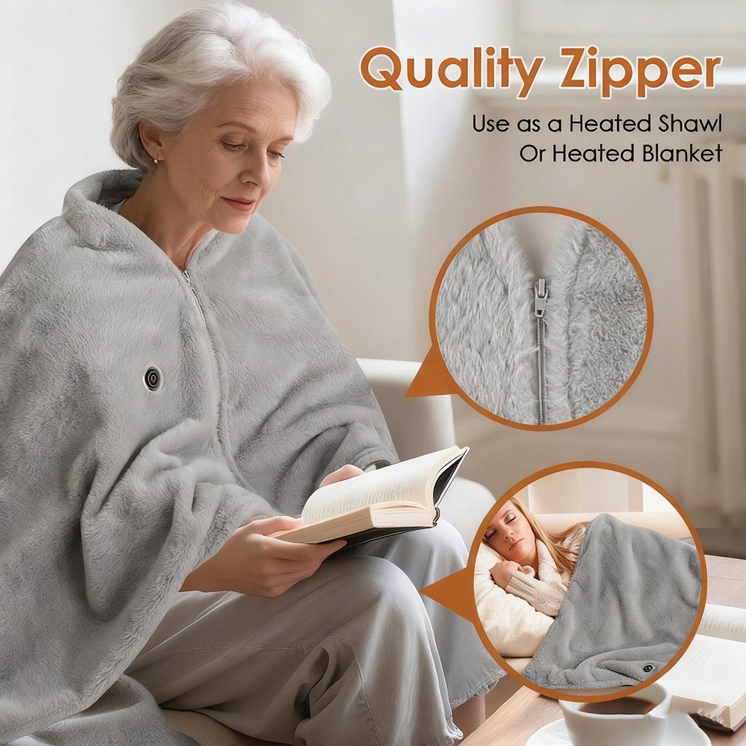 Heated Shawl Poncho Wrap Blanket with Zipper