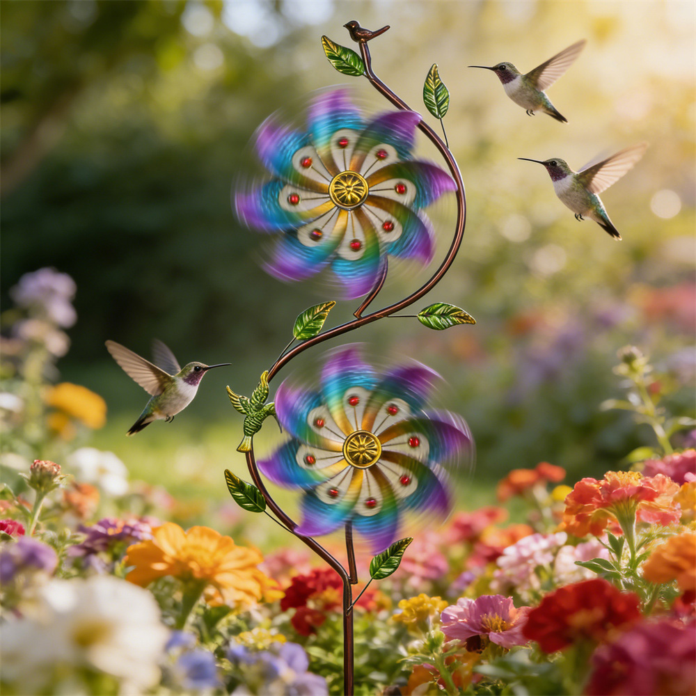 Hummingbird & Vine Dual Bloom Gradient Metal Garden Wind Spinner