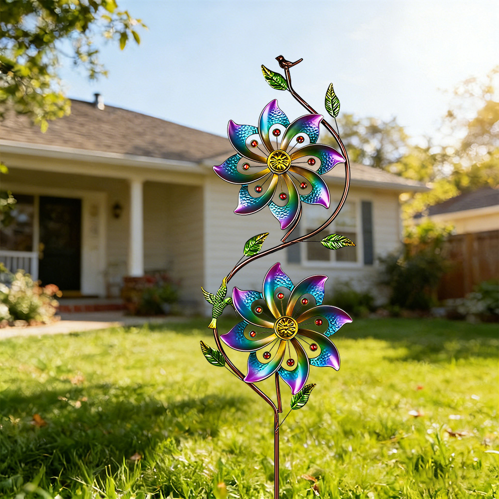 Hummingbird & Vine Dual Bloom Gradient Metal Garden Wind Spinner