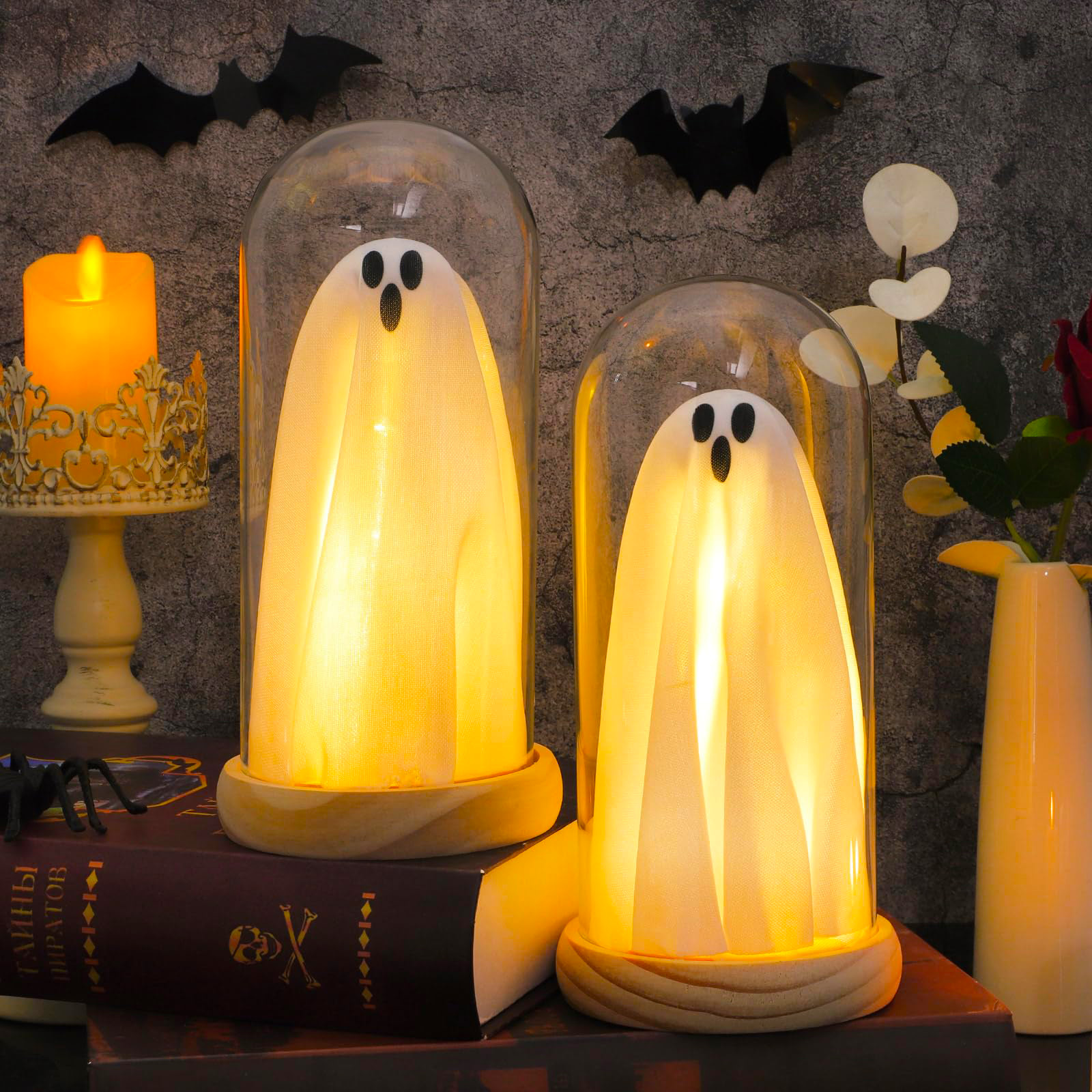 Halloween Ghost Decor Light in Glass Cloche