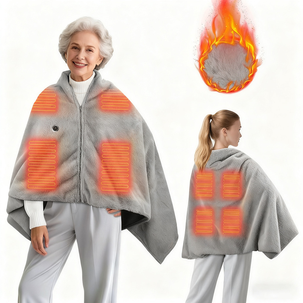 Heated Shawl Poncho Wrap Blanket with Zipper