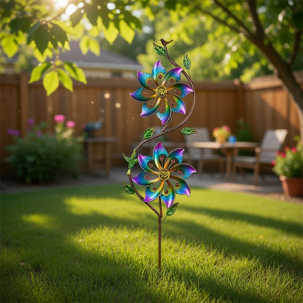 Hummingbird & Vine Dual Bloom Gradient Metal Garden Wind Spinner