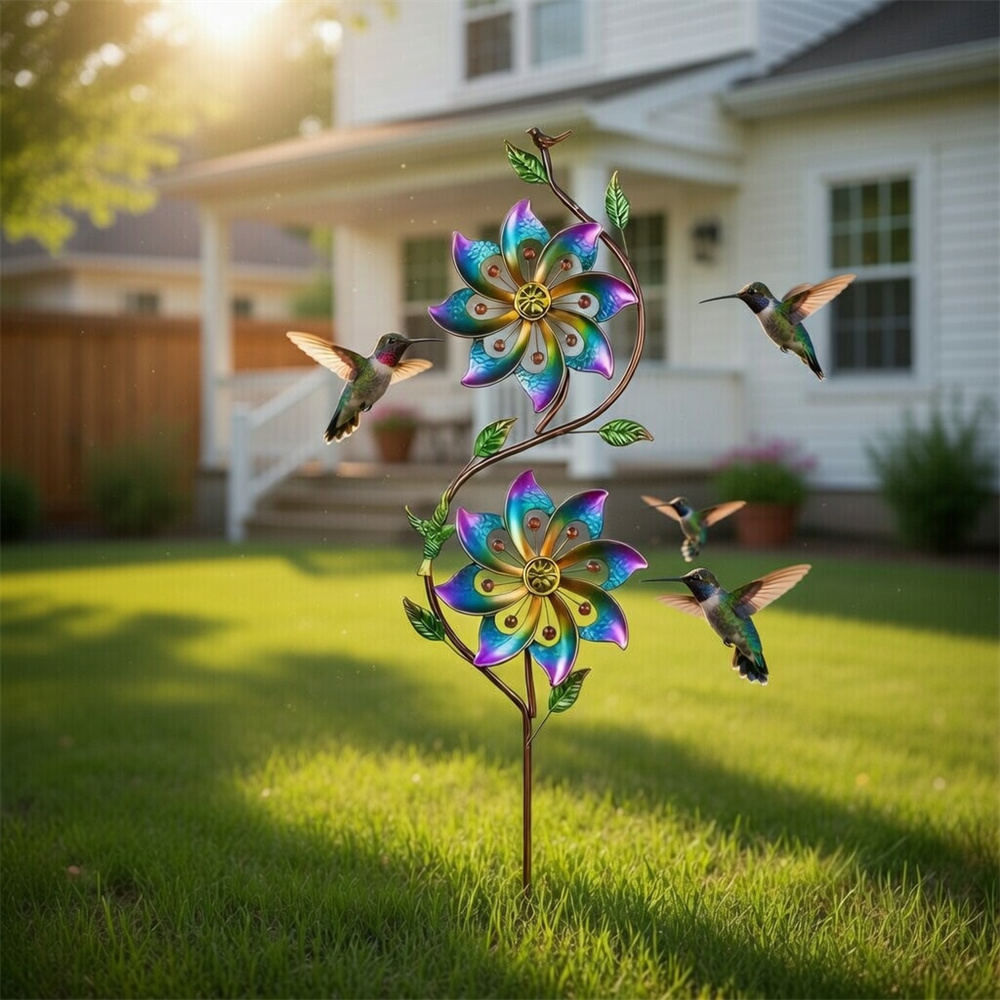 Hummingbird & Vine Dual Bloom Gradient Metal Garden Wind Spinner