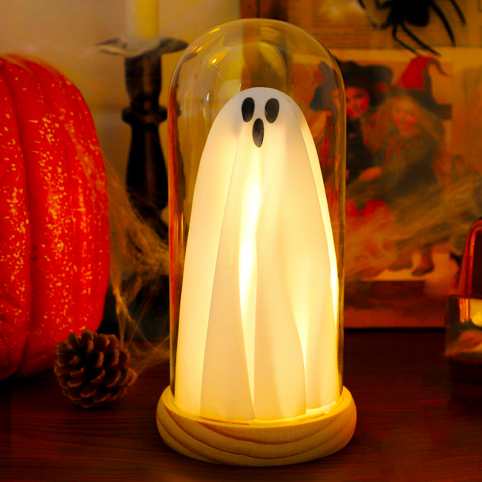 Halloween Ghost Decor Light in Glass Cloche