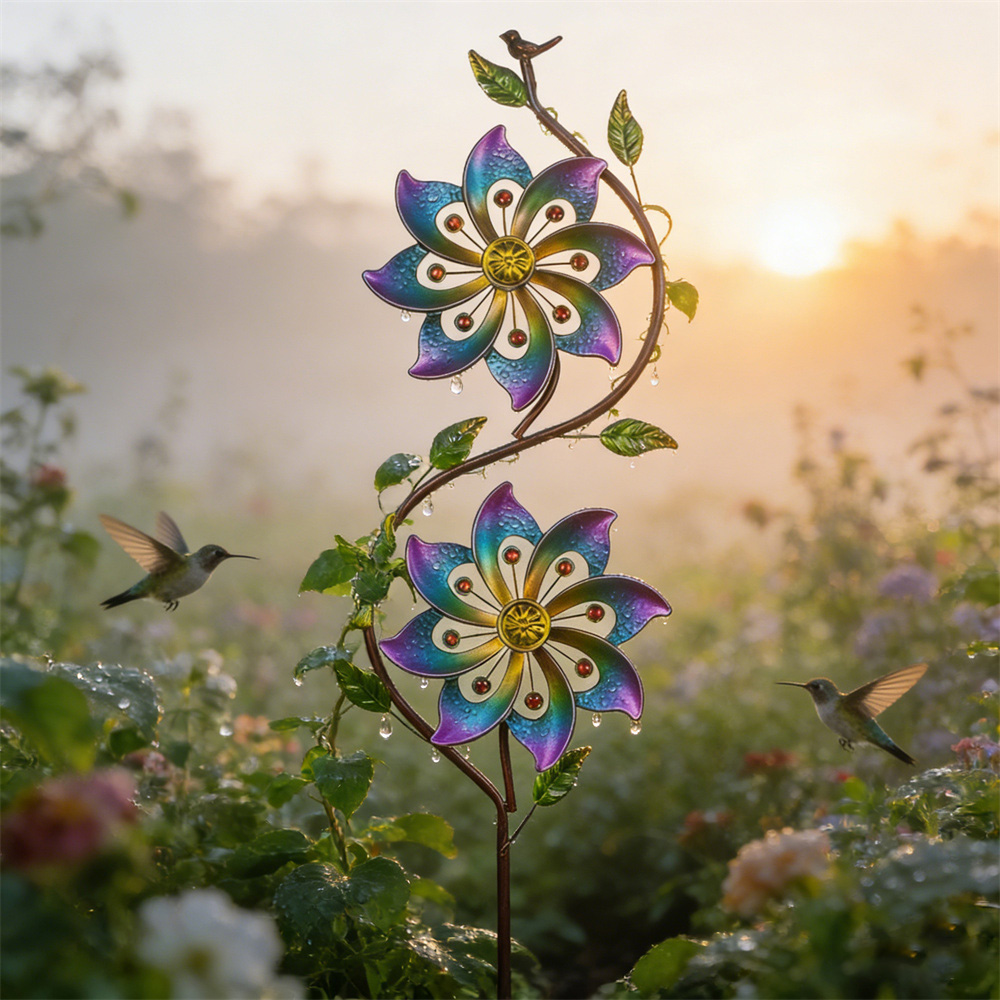 Hummingbird & Vine Dual Bloom Gradient Metal Garden Wind Spinner