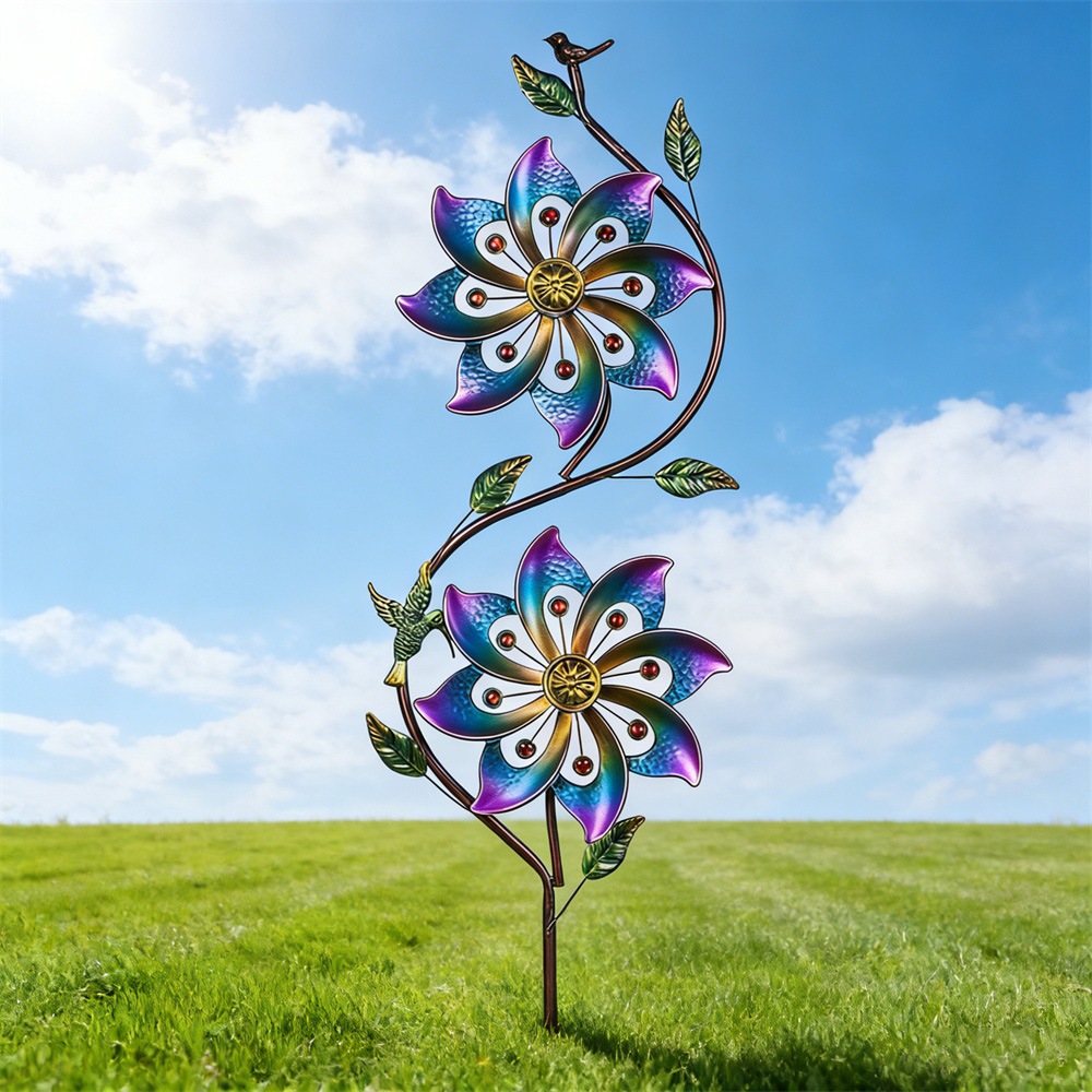 Hummingbird & Vine Dual Bloom Gradient Metal Garden Wind Spinner