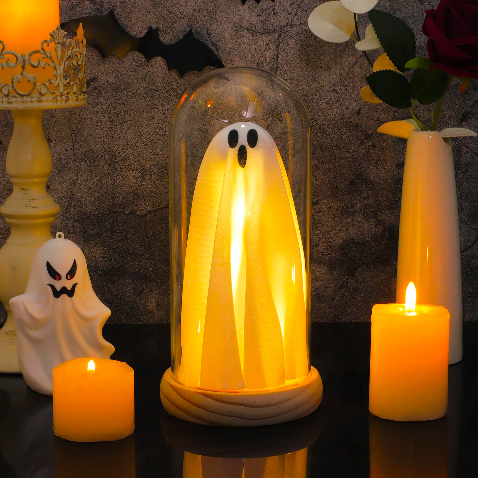 Halloween Ghost Decor Light in Glass Cloche