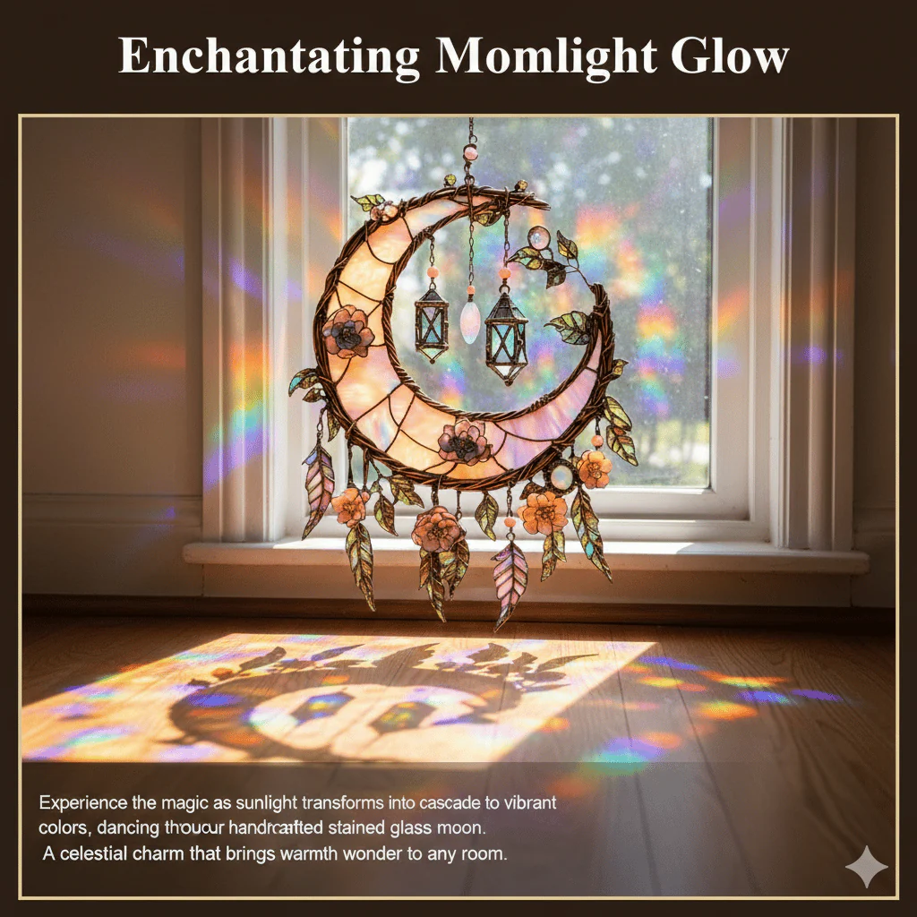 🌙Hand-Painted Moon and Floral Window Decor💖