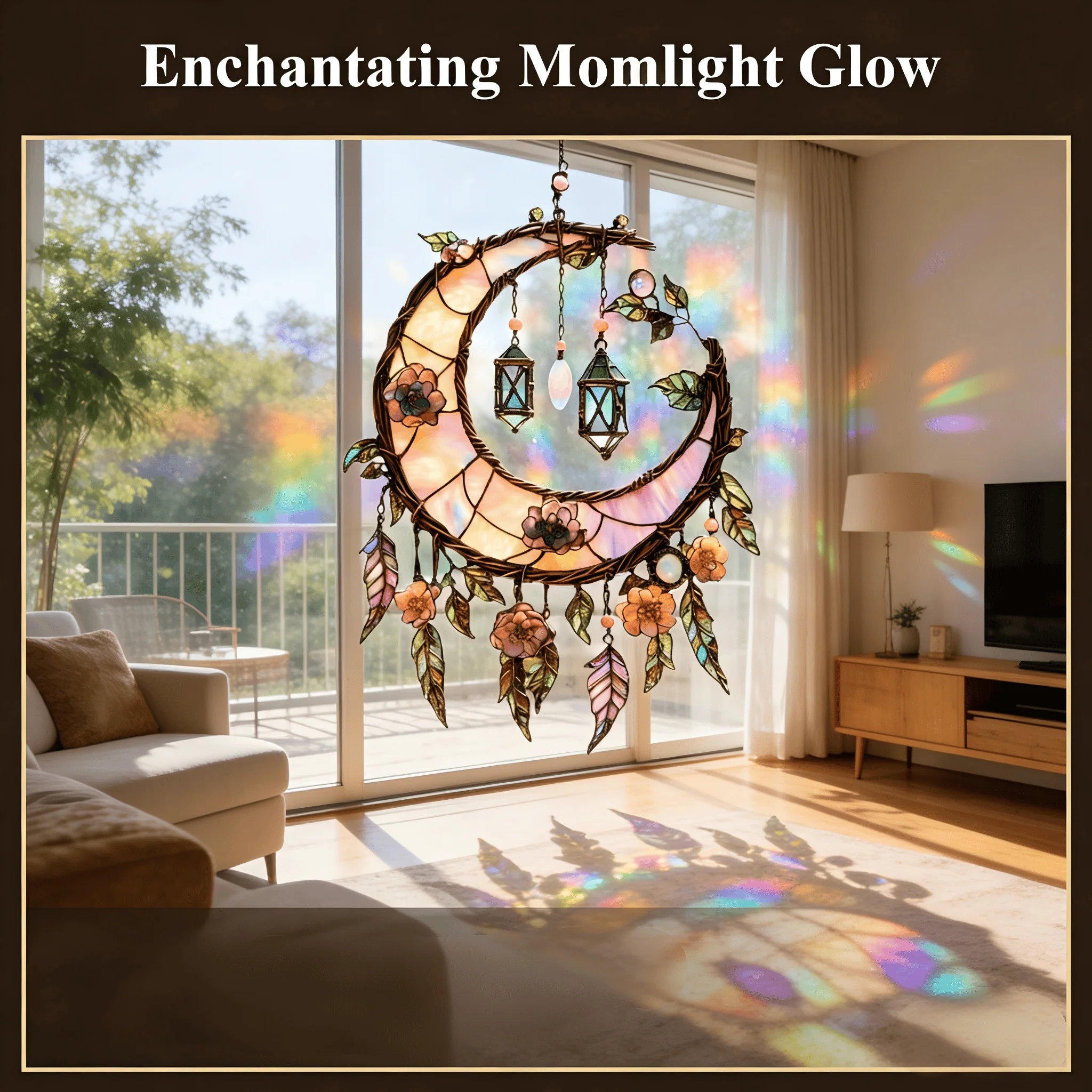 🌙Hand-Painted Moon and Floral Window Decor💖