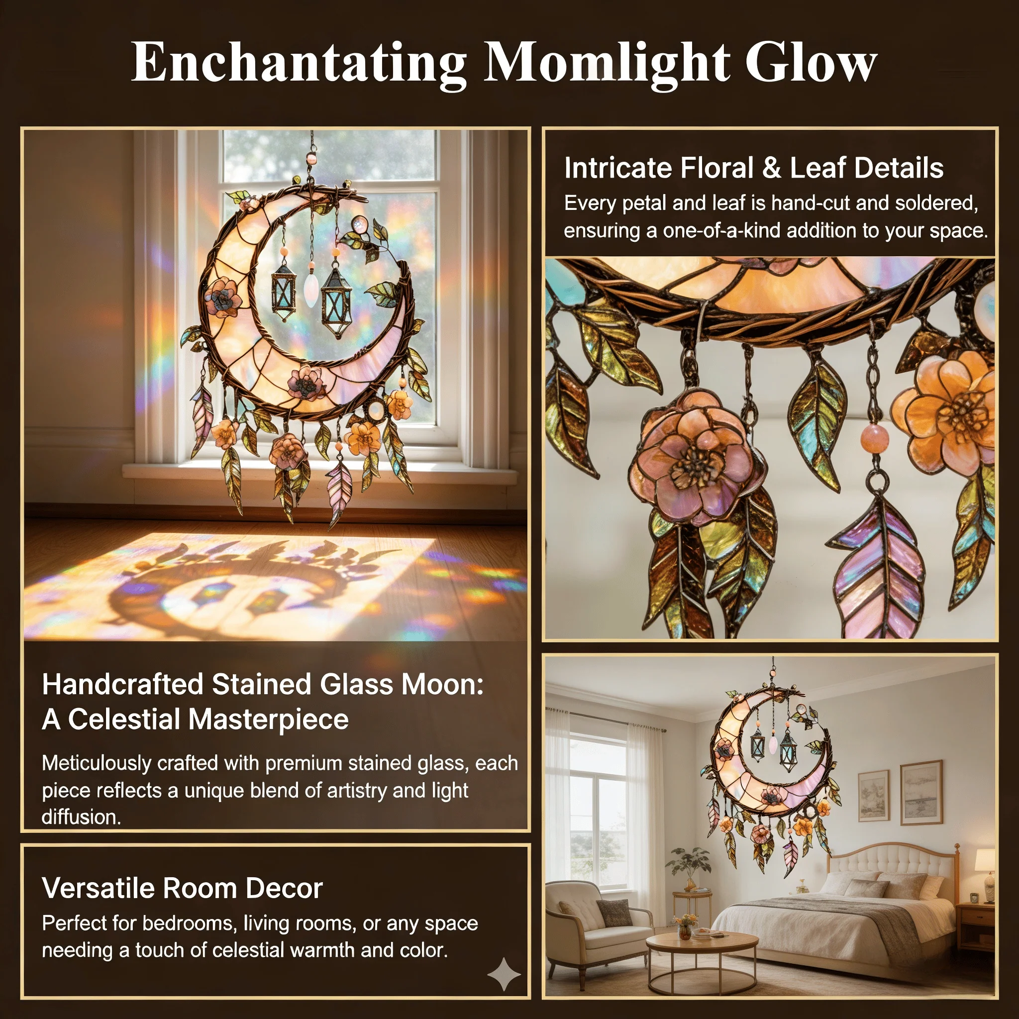 🌙Hand-Painted Moon and Floral Window Decor💖