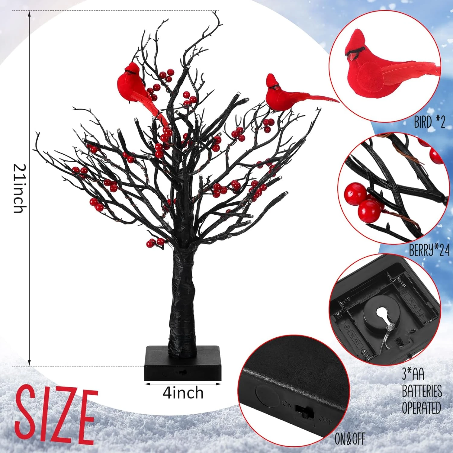 Cardinal Tabletop LED Tree Light with Red Berries