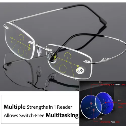 Progressive Multifocal Photochromic Rectangle Titanium Reading Glasses Near Far - Picture 1 of 16