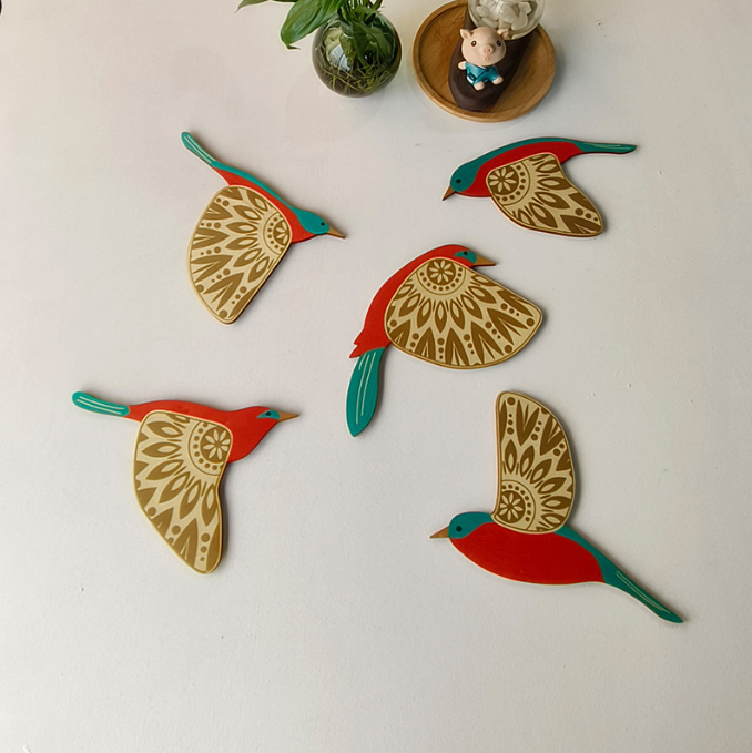 5 Pcs Wooden Bird Wall Art