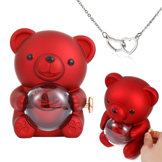 Double Heart Necklace Rose Bear Giftbox