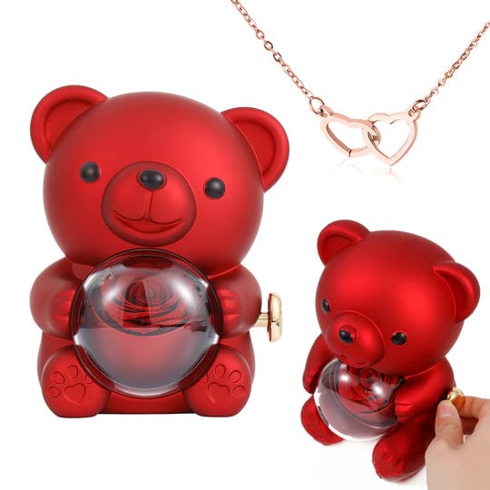 Double Heart Necklace Rose Bear Giftbox