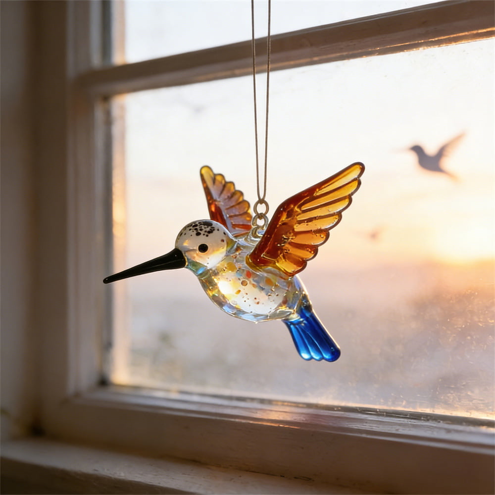 Hand-Blown Colorful Stained Glass Hummingbird Ornaments