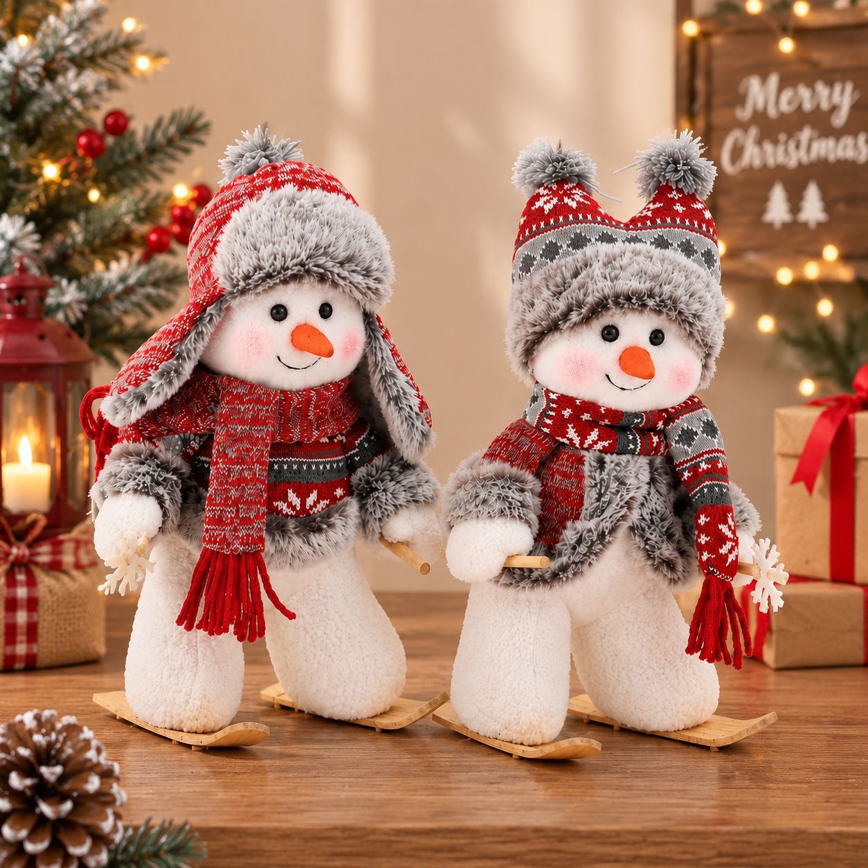 Skiing Snowman Christmas Decoration – 12-Inch Cozy Plush Holiday Tabletop Decor