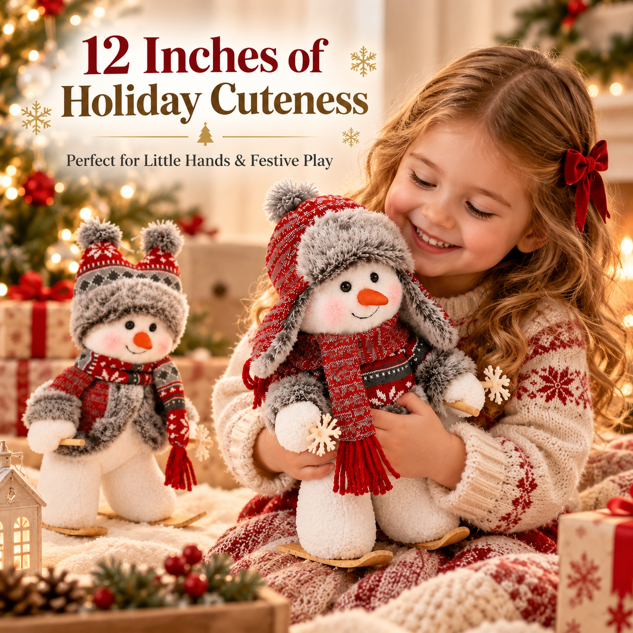 Skiing Snowman Christmas Decoration – 12-Inch Cozy Plush Holiday Tabletop Decor