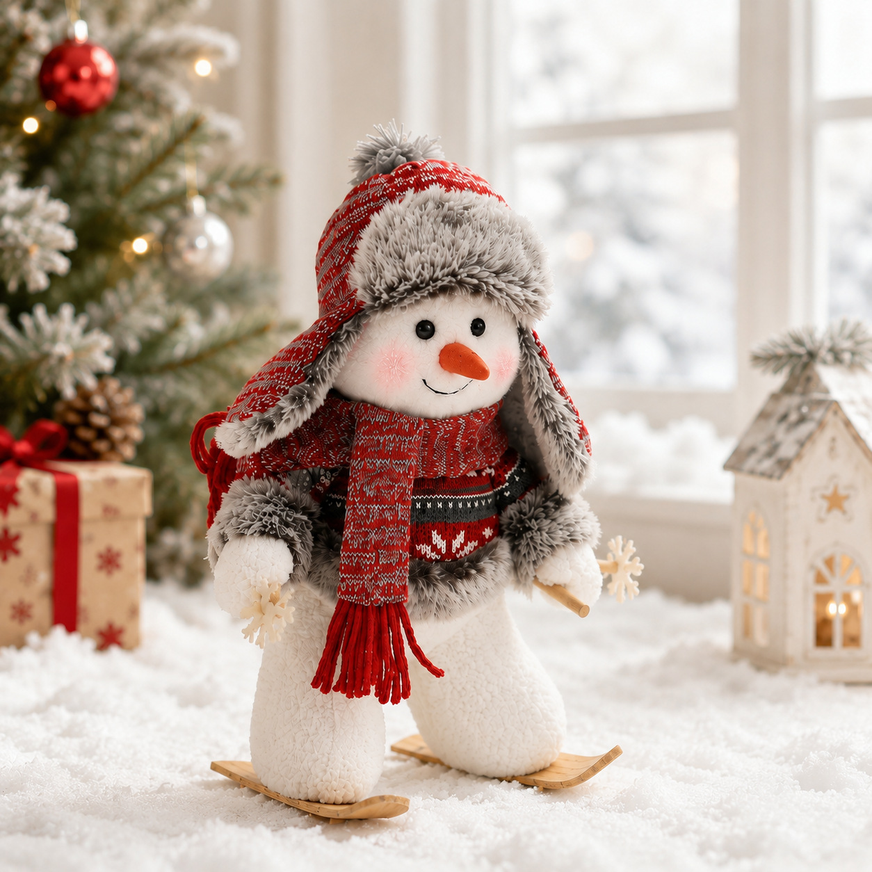 Skiing Snowman Christmas Decoration – 12-Inch Cozy Plush Holiday Tabletop Decor
