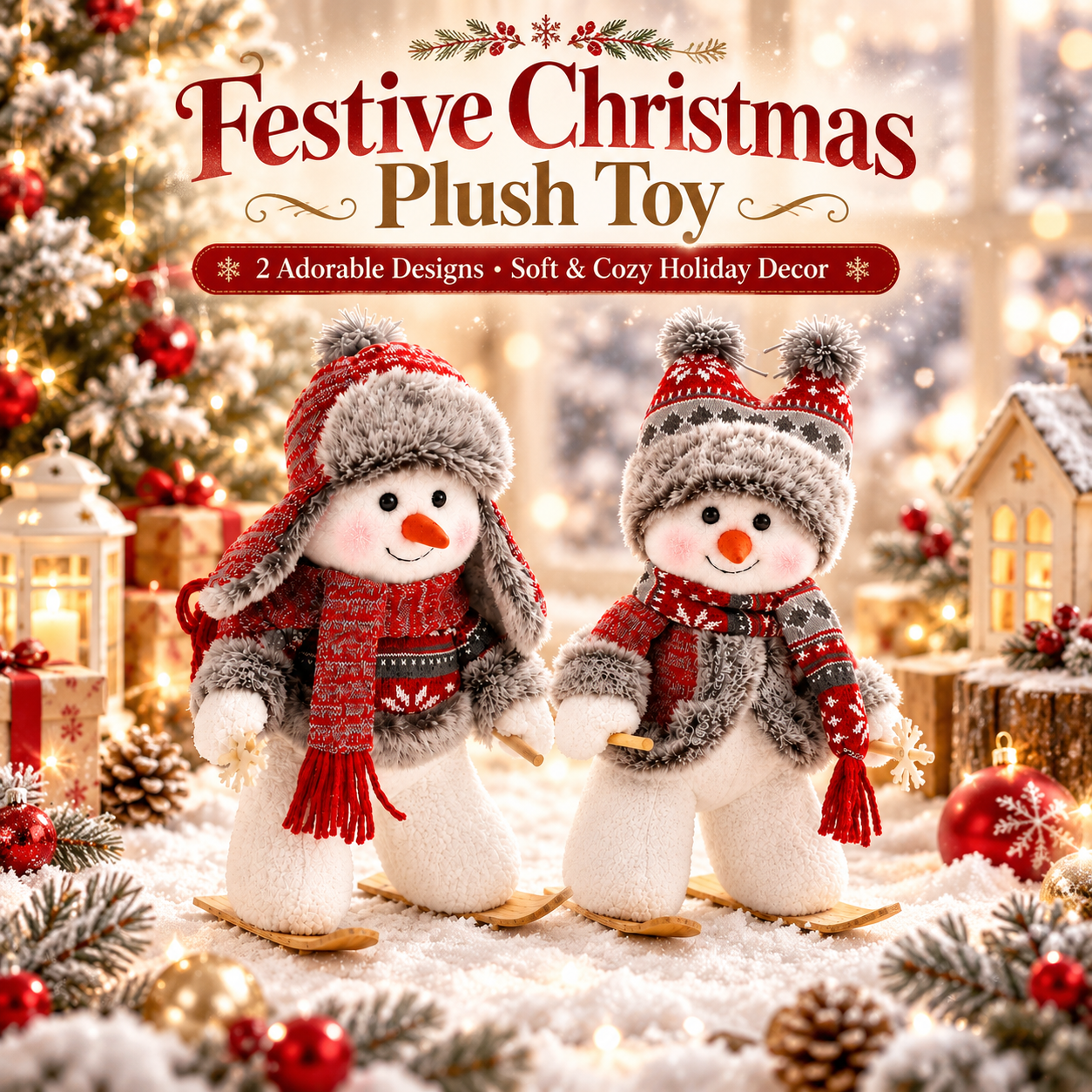 Skiing Snowman Christmas Decoration – 12-Inch Cozy Plush Holiday Tabletop Decor