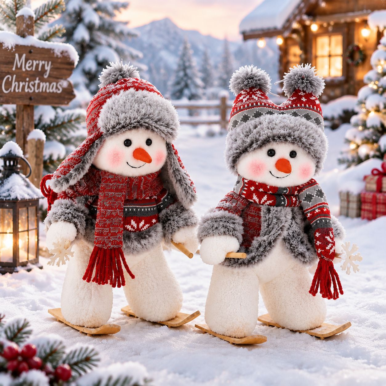 Skiing Snowman Christmas Decoration – 12-Inch Cozy Plush Holiday Tabletop Decor