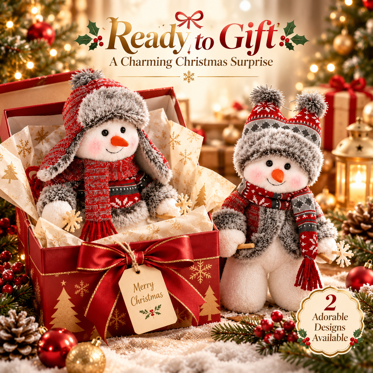 Skiing Snowman Christmas Decoration – 12-Inch Cozy Plush Holiday Tabletop Decor