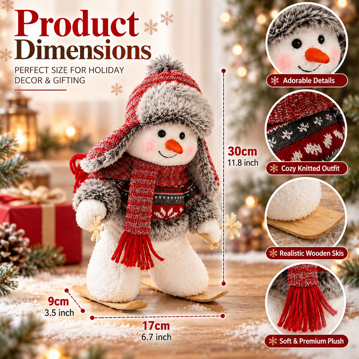 Skiing Snowman Christmas Decoration – 12-Inch Cozy Plush Holiday Tabletop Decor