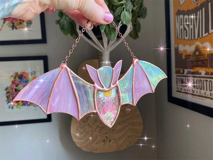 pink stained glass suncatcher bat