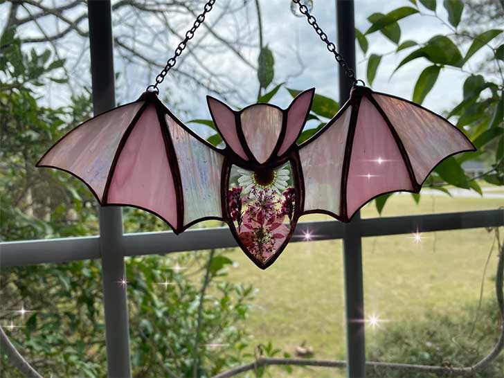 pink stained glass suncatcher bat