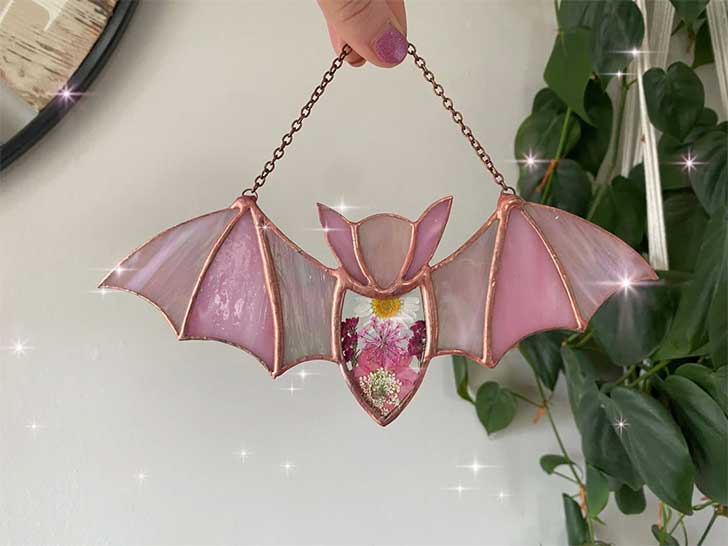 pink stained glass suncatcher bat