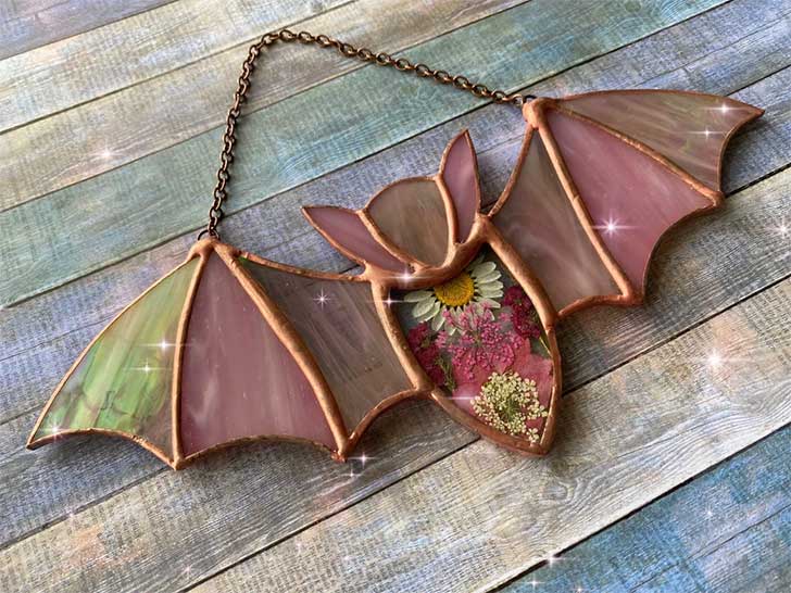 pink stained glass suncatcher bat