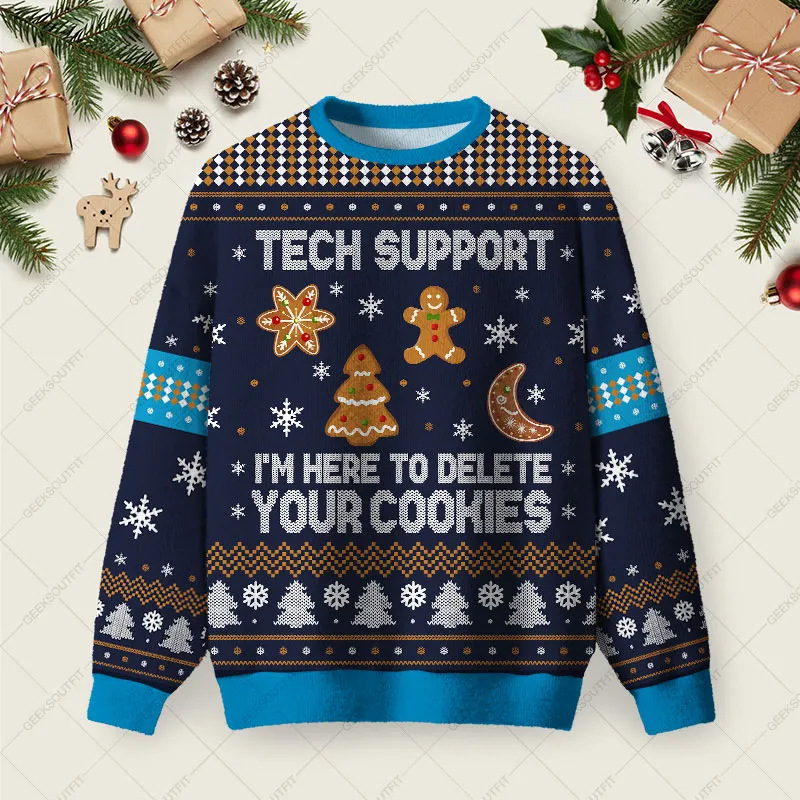 Tech Support Computer Programmer Blue Ugly Christmas Fuzzy Fleece Sweatshirt