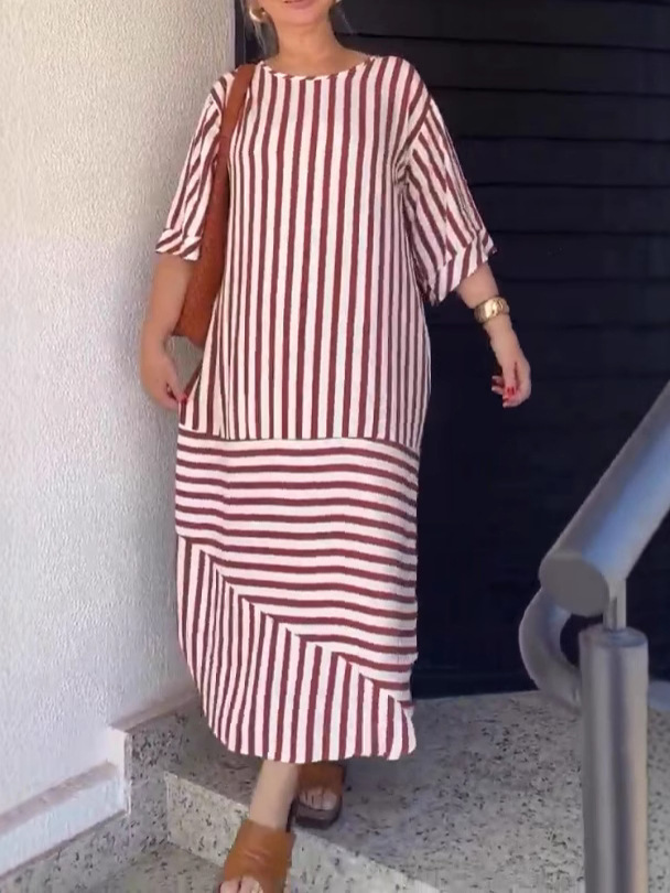 Women's Striped Slit Loose Casual Round Neck Dress