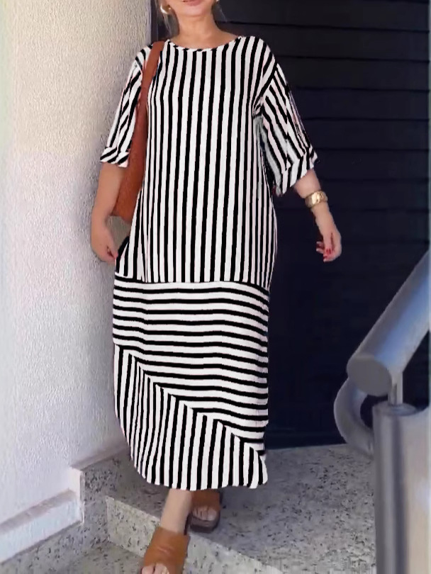 Women's Striped Slit Loose Casual Round Neck Dress