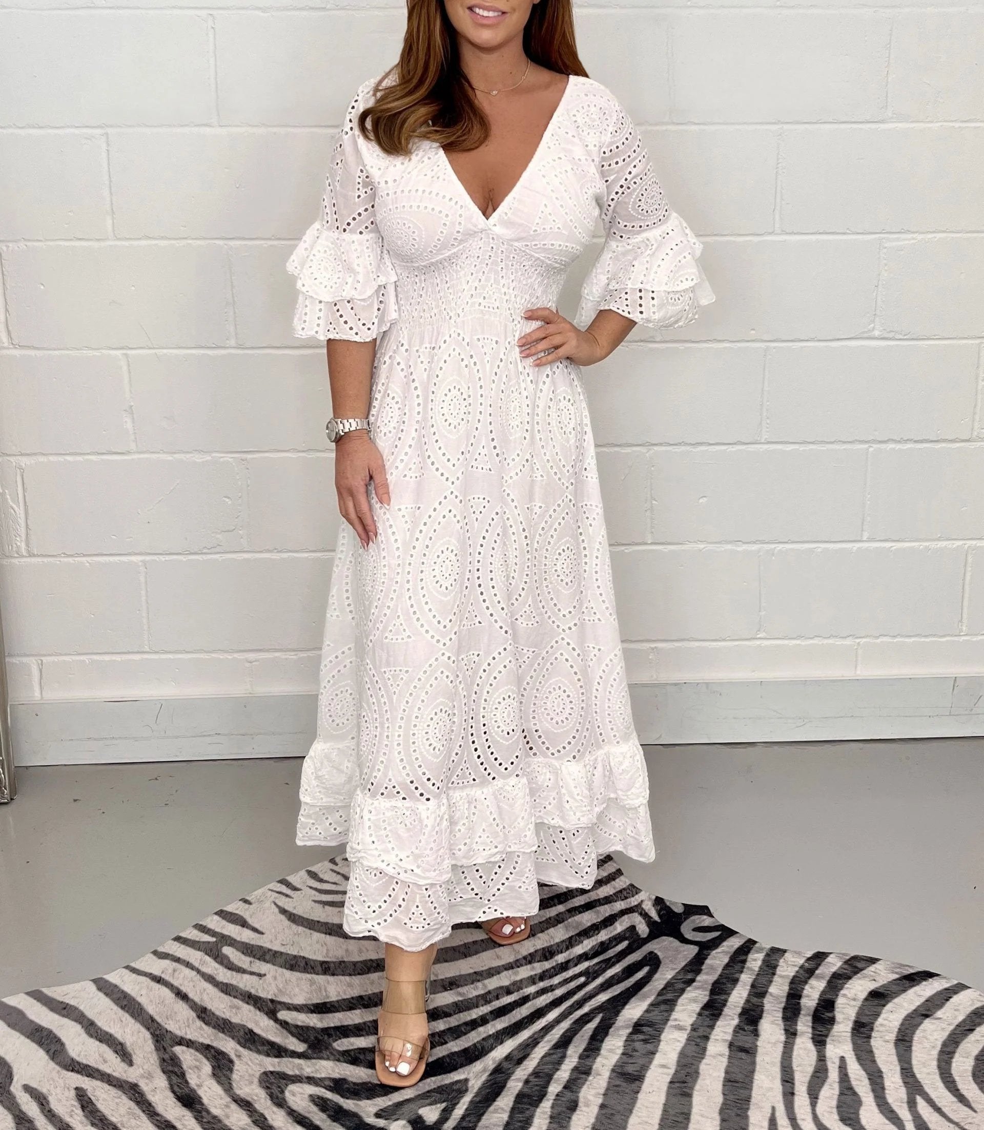 Embroidered Ruffle Sleeve Midi Dress
