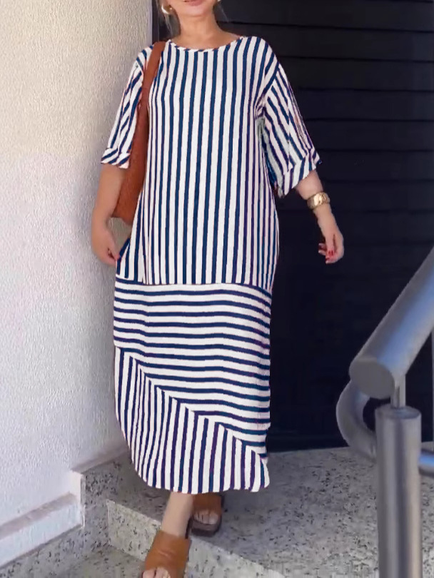 Women's Striped Slit Loose Casual Round Neck Dress