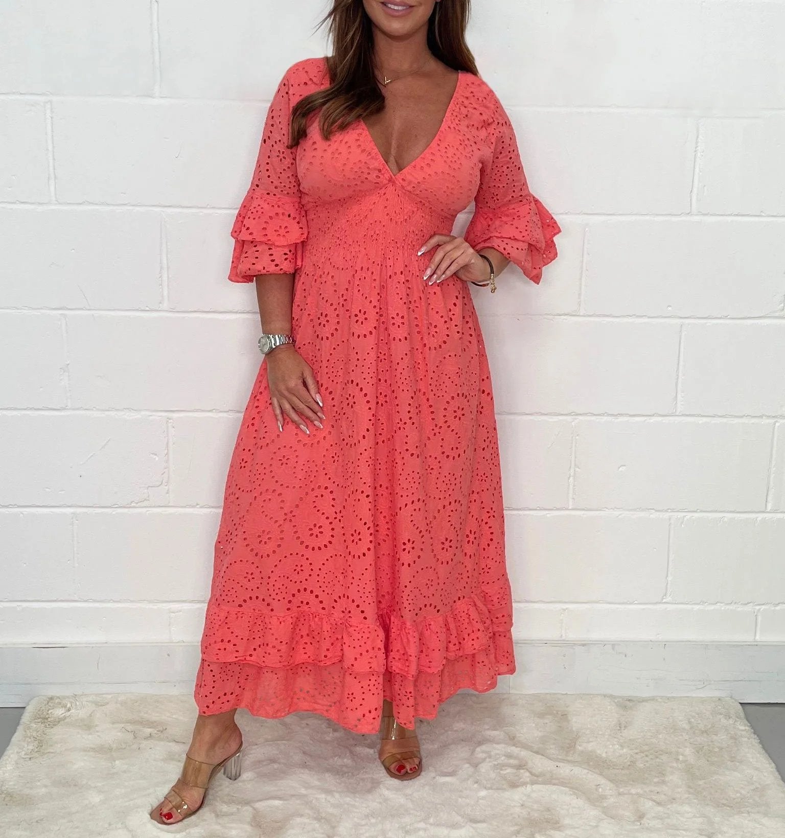 Embroidered Ruffle Sleeve Midi Dress