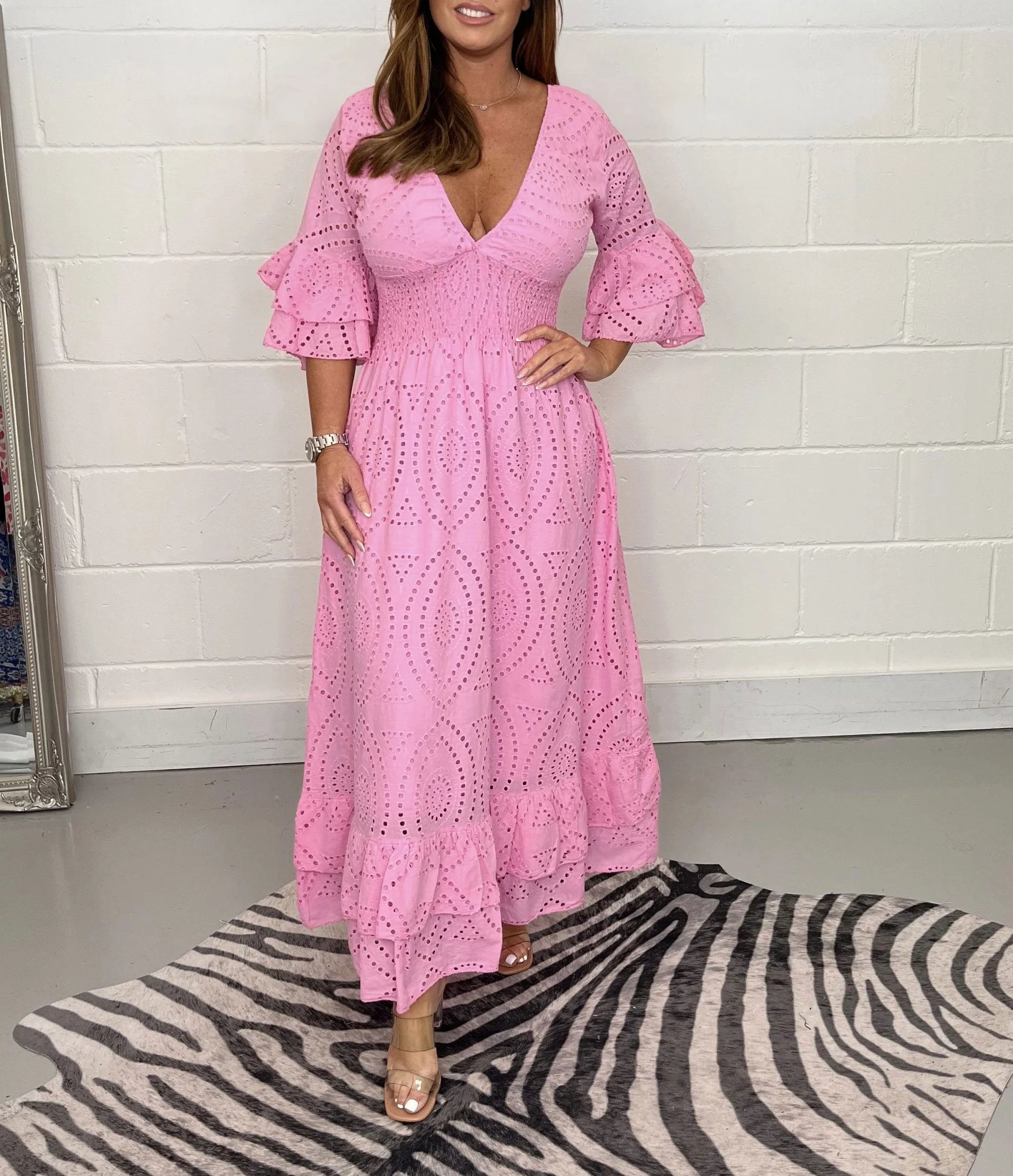 Embroidered Ruffle Sleeve Midi Dress