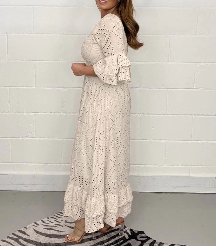 Embroidered Ruffle Sleeve Midi Dress