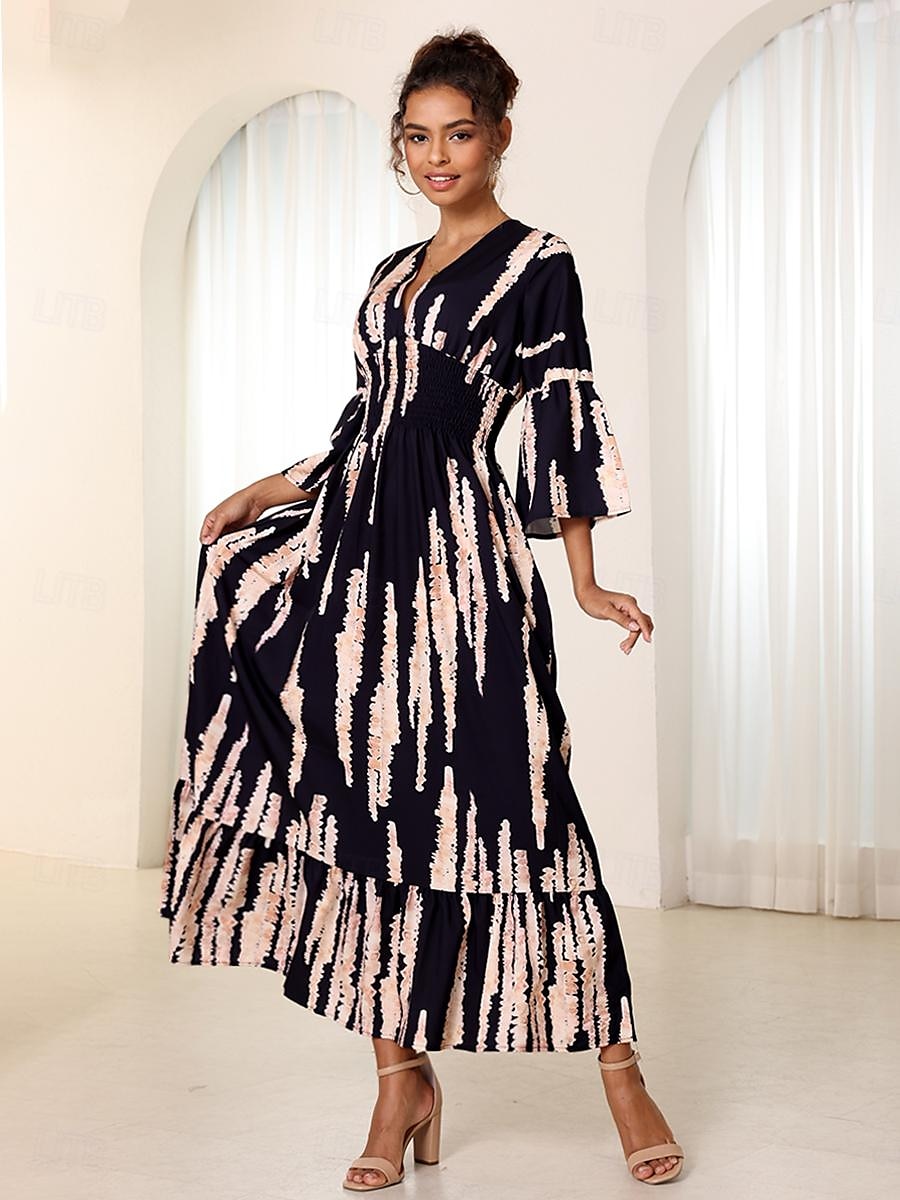 Women's Maxi Dress Black Dress A Line Dress Elegant Bell Sleeve Daily Loose Fit Tie Dye 3/4 Length Sleeve V Neck Black Summer 2025 - $48.99 &ndash;P1