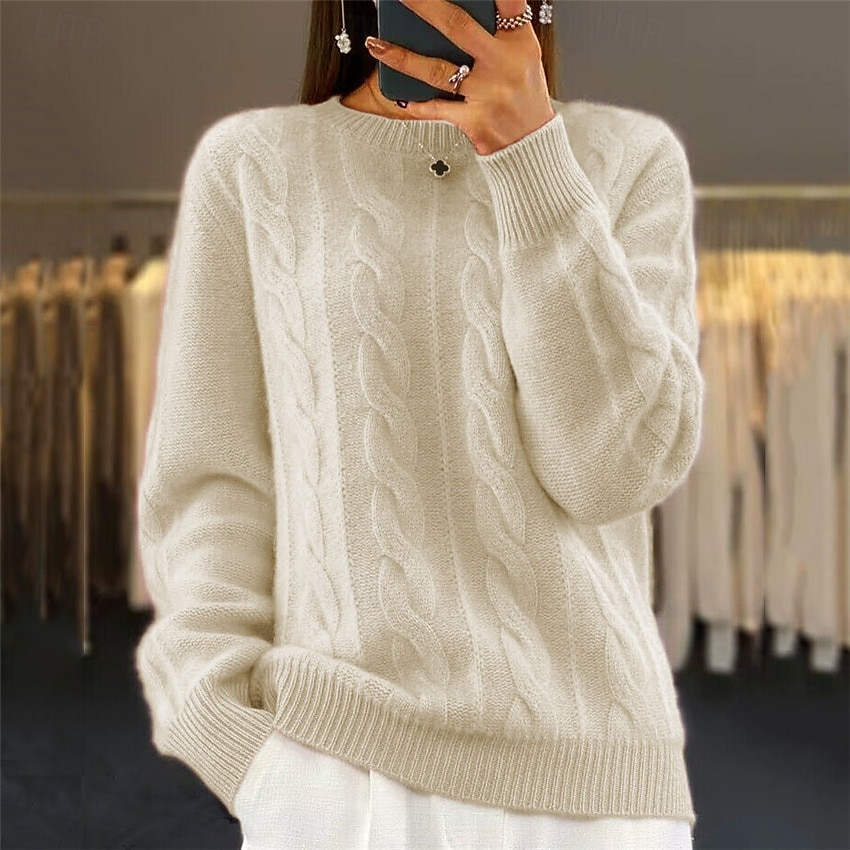 Women's Classic Pink Sweater Crew Neck Cable Fuzzy Knit Knitted Fall Winter Work Fashion Daily Long Sleeve Solid Color Pink Camel 2024 - $31.99 –P6