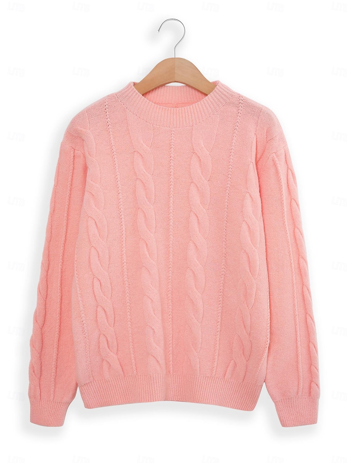 Women's Classic Pink Sweater Crew Neck Cable Fuzzy Knit Knitted Fall Winter Work Fashion Daily Long Sleeve Solid Color Pink Camel 2024 - $31.99 –P2