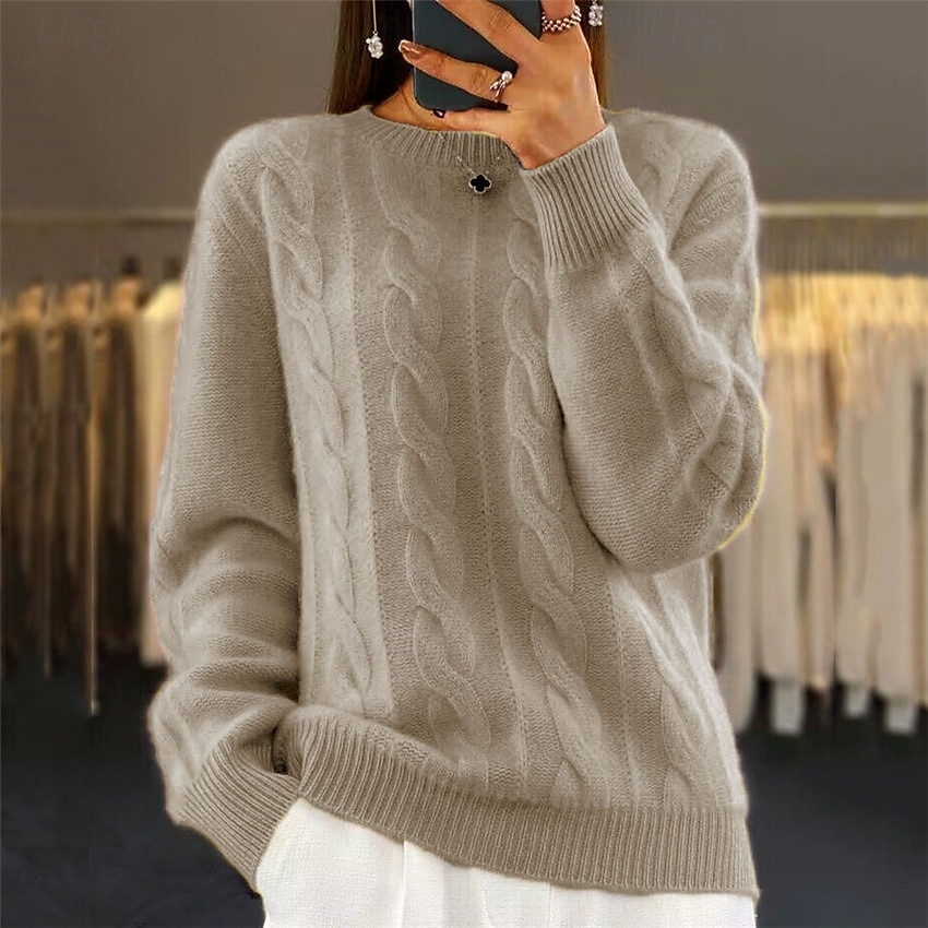 Women's Classic Pink Sweater Crew Neck Cable Fuzzy Knit Knitted Fall Winter Work Fashion Daily Long Sleeve Solid Color Pink Camel 2024 - $31.99 –P5