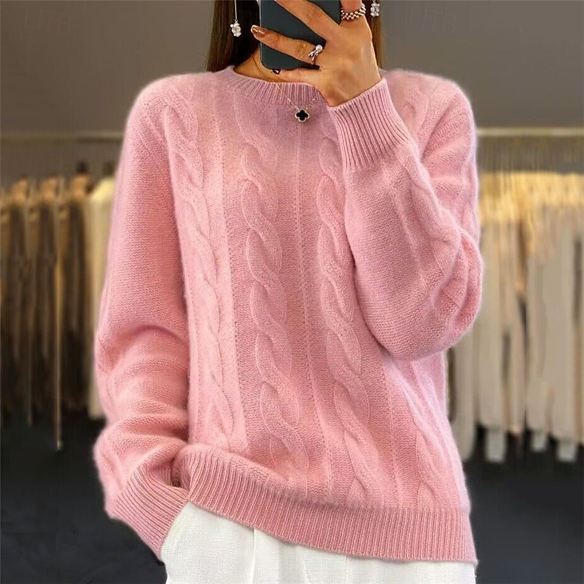 Women's Classic Pink Sweater Crew Neck Cable Fuzzy Knit Knitted Fall Winter Work Fashion Daily Long Sleeve Solid Color Pink Camel 2024 - $31.99 –P1