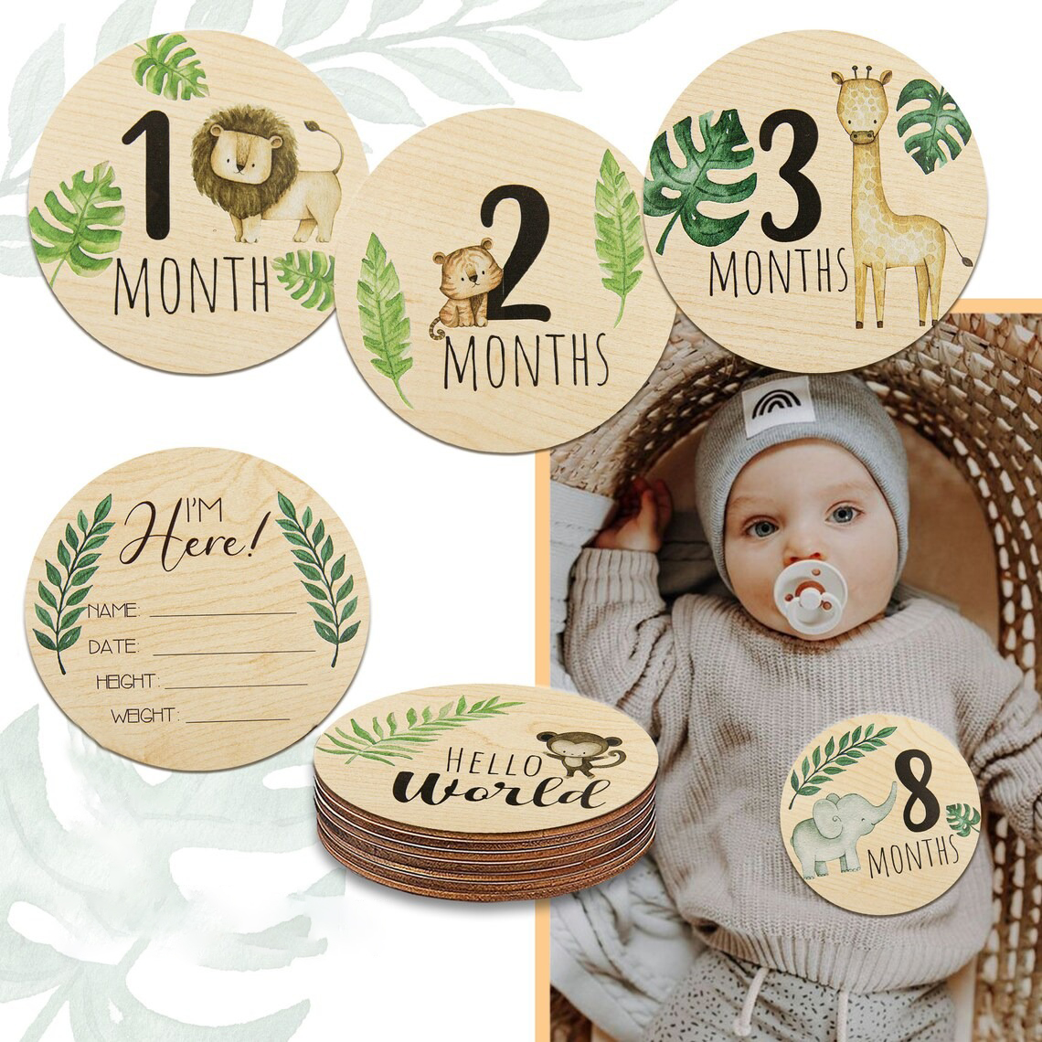 Safari Animals Wooden Baby Milestone Cards